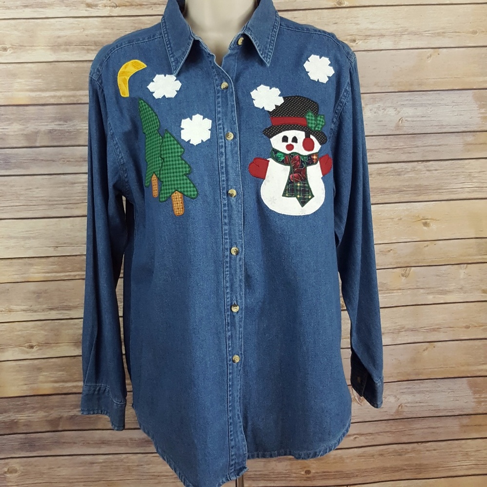 Y NOT chambray winter applique button down